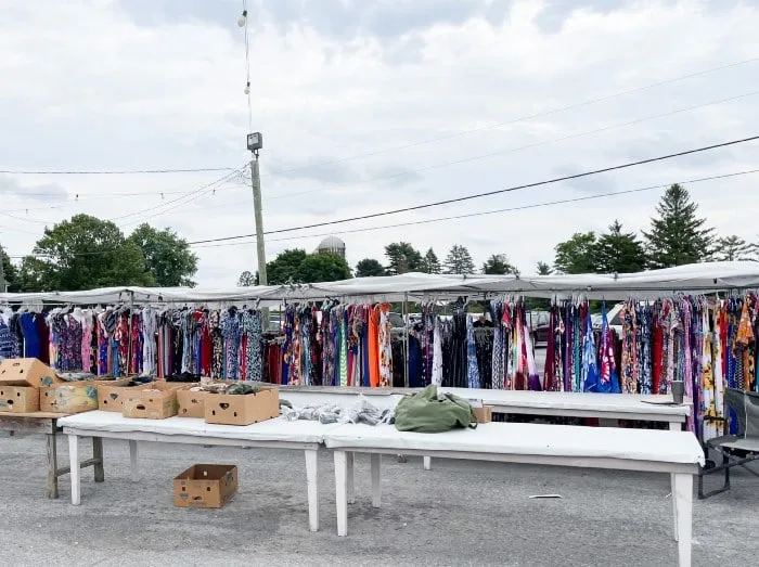 A great number of dresses sold at a flea market.