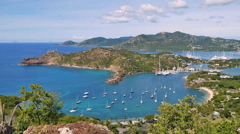 A busy port with sailboats in Antigua