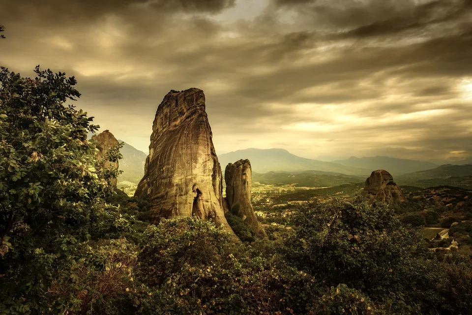 Sunset over Meteora Rock Formation in Greece