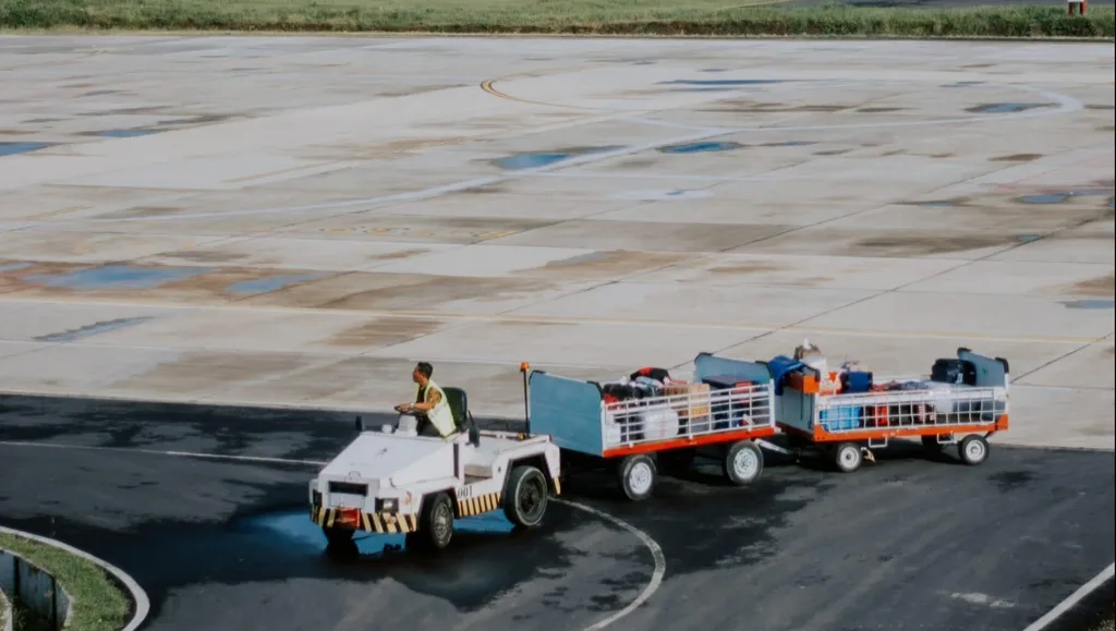 Stacked baggage being carried by a trolley at the airport