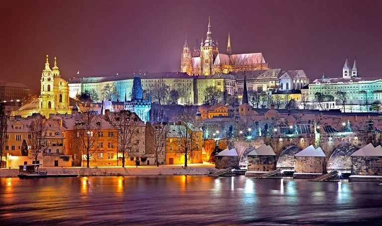 The city of Prague covered in snow