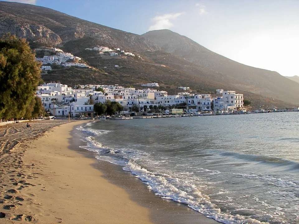 Town and a Sandy Beach on Amorgos Island