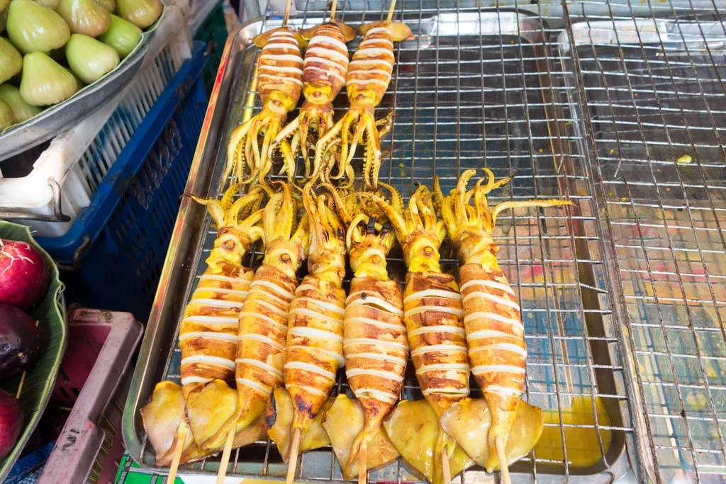 Grilled squid on sticks