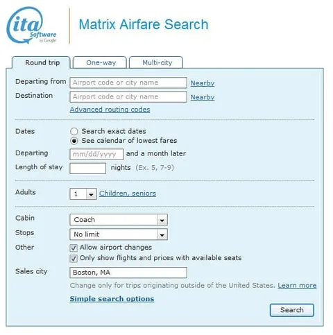 matrix airfare search showing the roundtrip tab