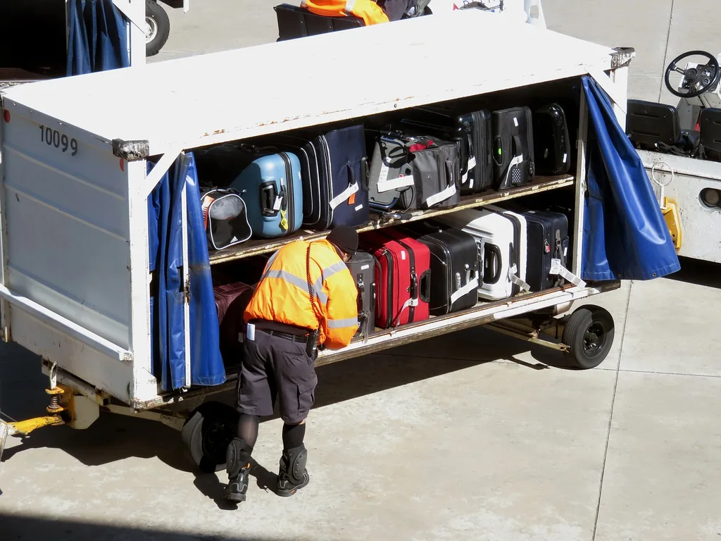 Workers sorting suitcases outside the airplane
